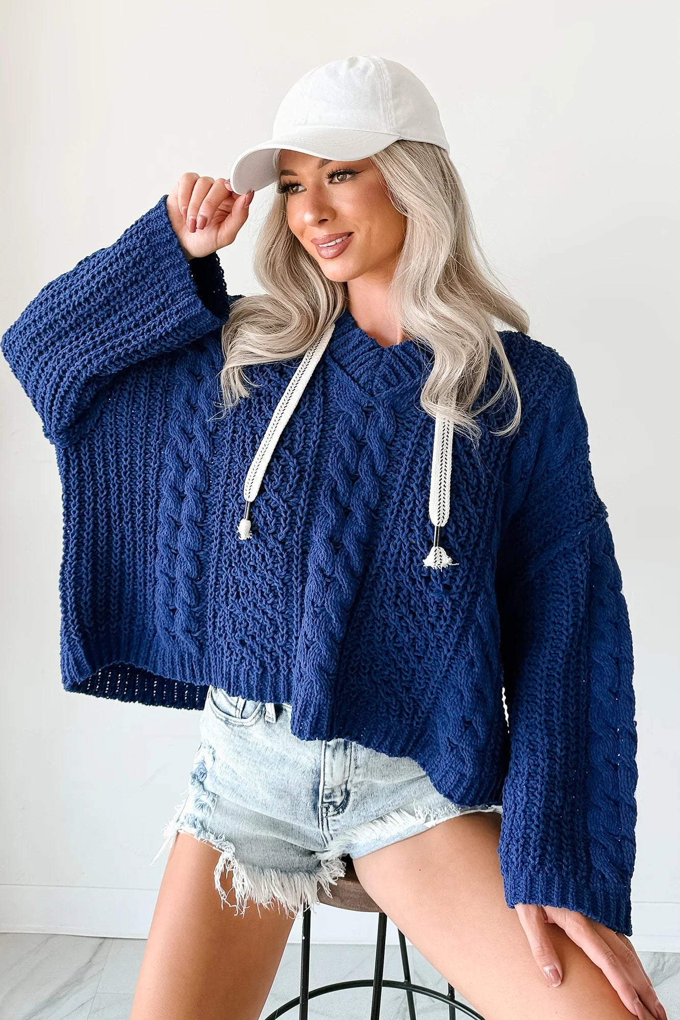 NanaMacs Total Ease Zenana Cable Knit Sweater Hoodie (Light Navy)