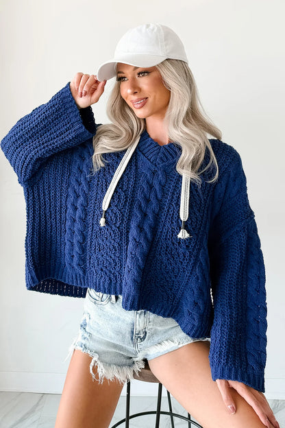 NanaMacs Total Ease Zenana Cable Knit Sweater Hoodie (Light Navy)