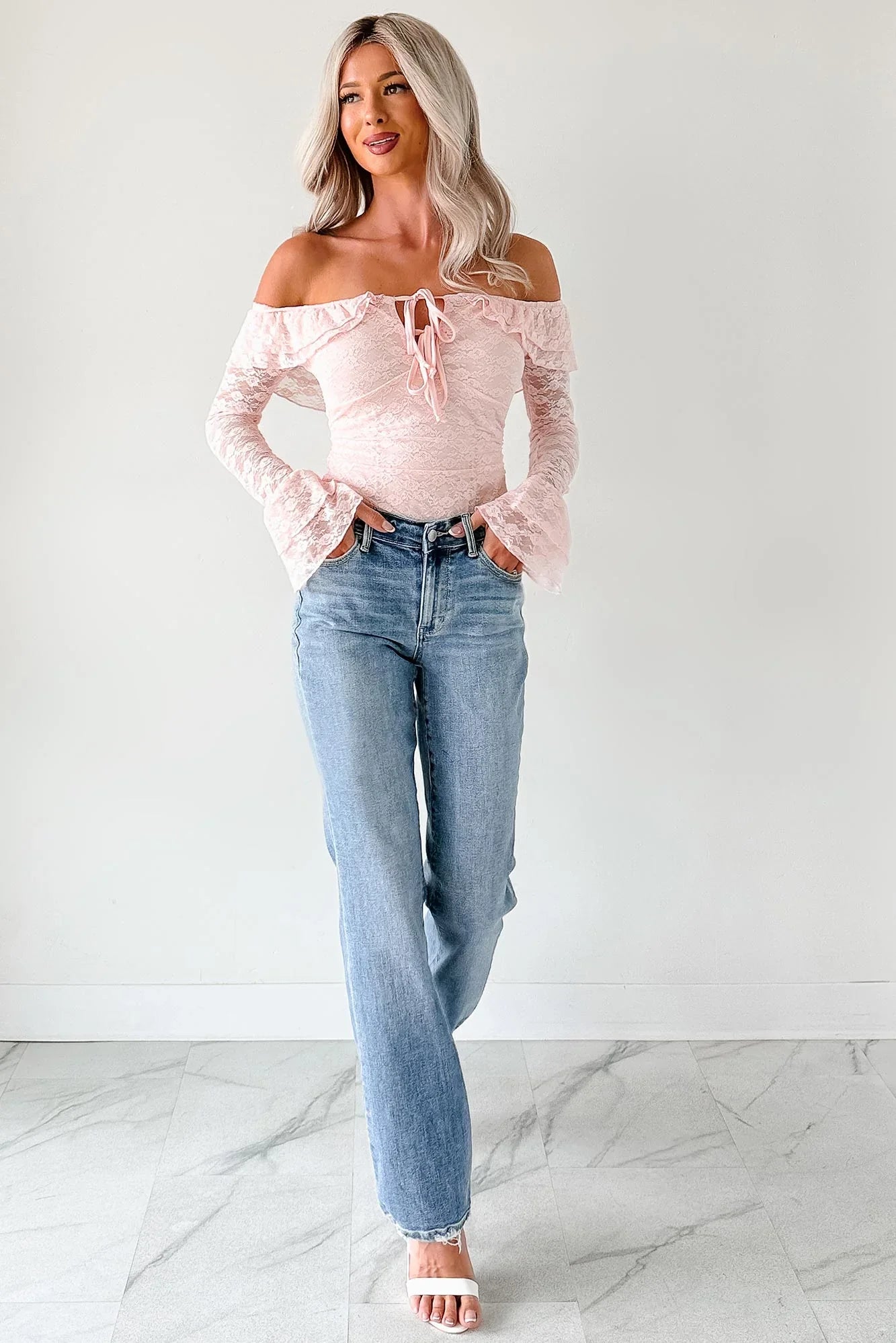 NanaMacs Throne Ready Off The Shoulder Lace Bodysuit (Blush)