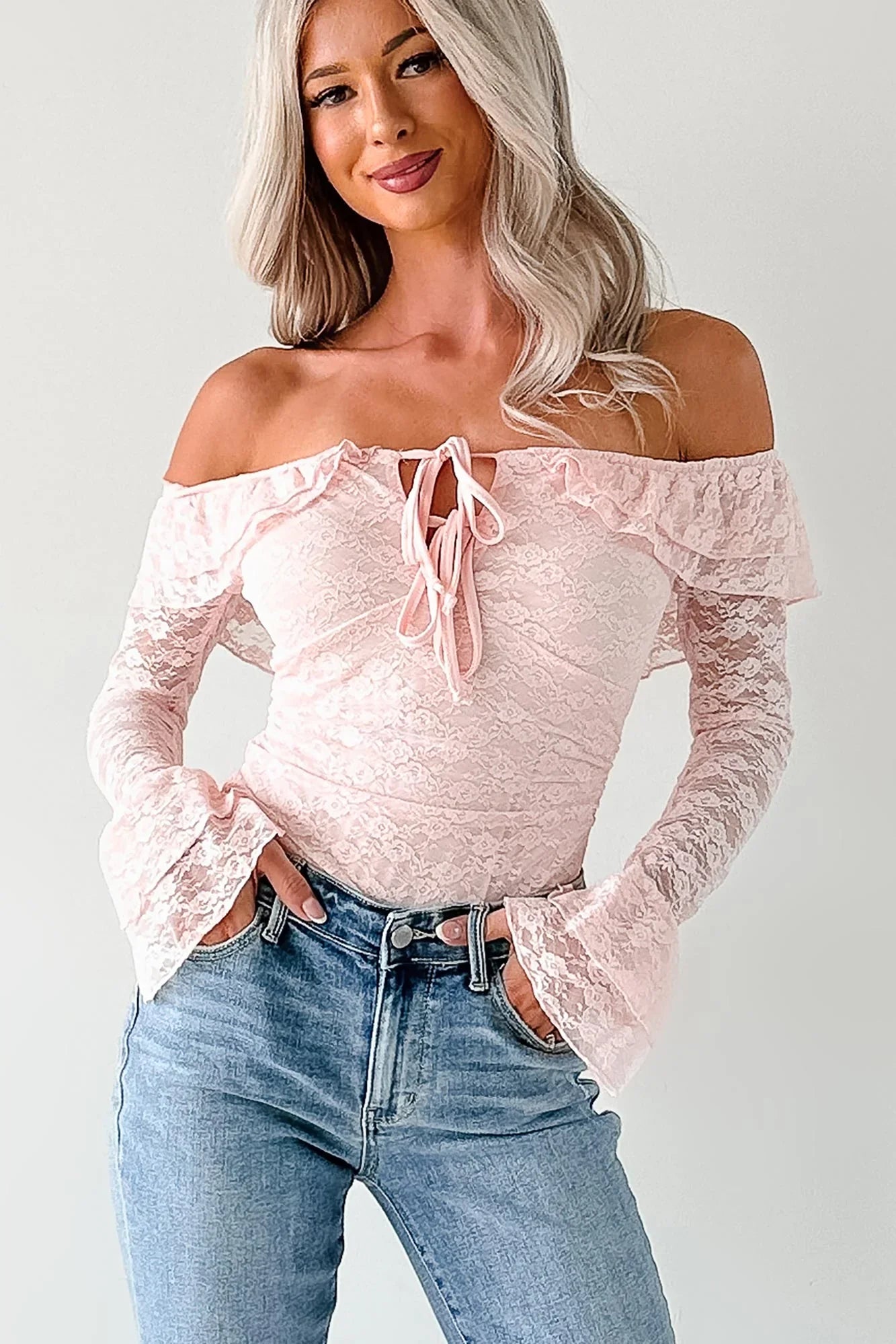 NanaMacs Throne Ready Off The Shoulder Lace Bodysuit (Blush)