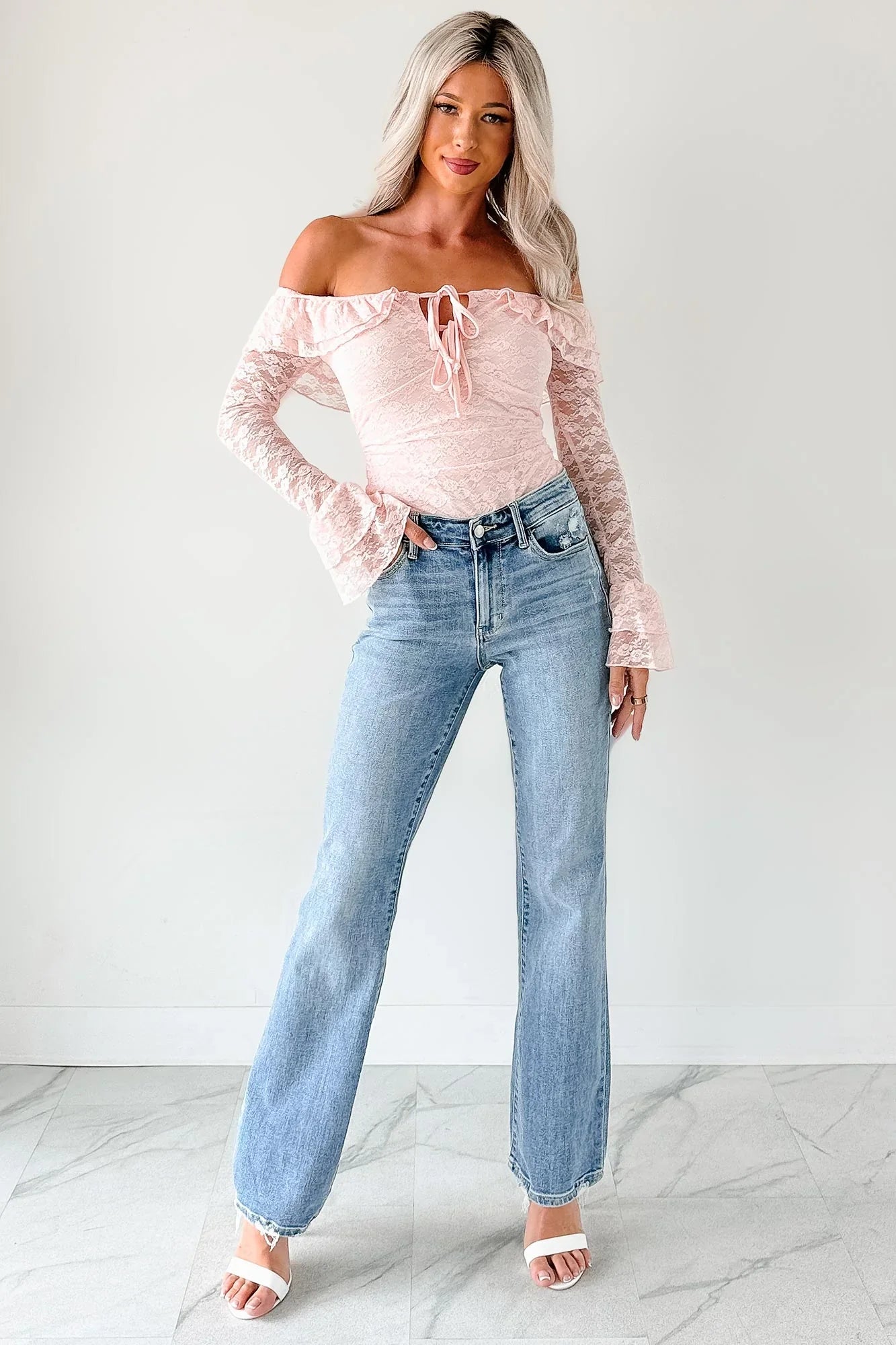 NanaMacs Throne Ready Off The Shoulder Lace Bodysuit (Blush)