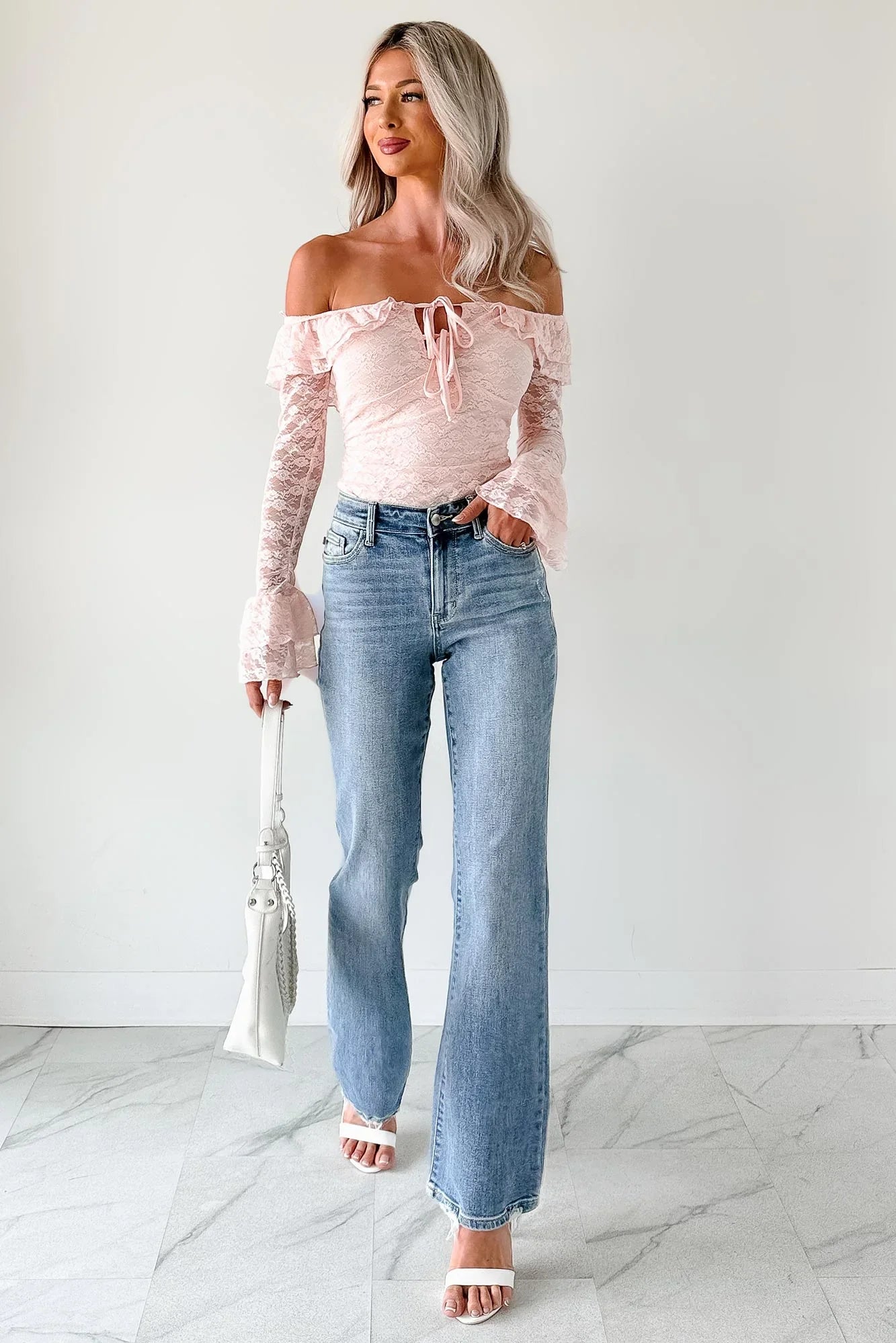 NanaMacs Throne Ready Off The Shoulder Lace Bodysuit (Blush)