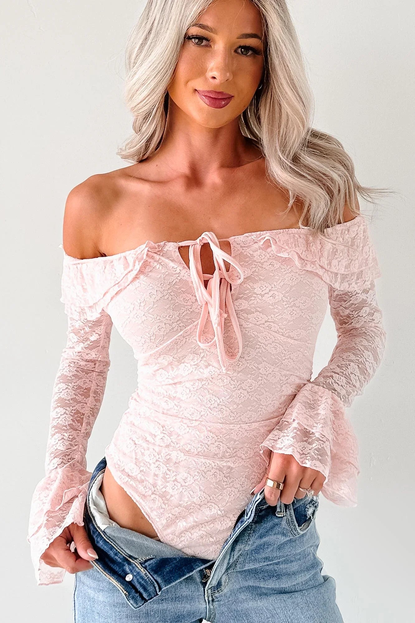 NanaMacs Throne Ready Off The Shoulder Lace Bodysuit (Blush)
