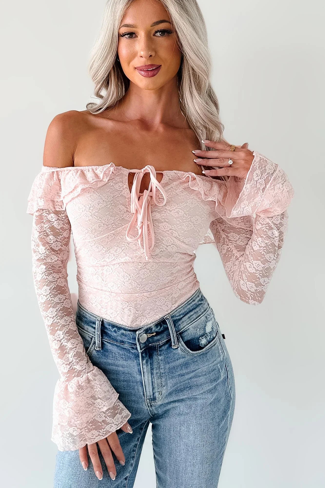 NanaMacs Throne Ready Off The Shoulder Lace Bodysuit (Blush)