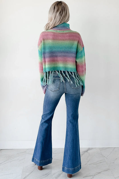 NanaMacs Life In Color Ombre Stripe Tassel Sweater (Sage Rainbow)
