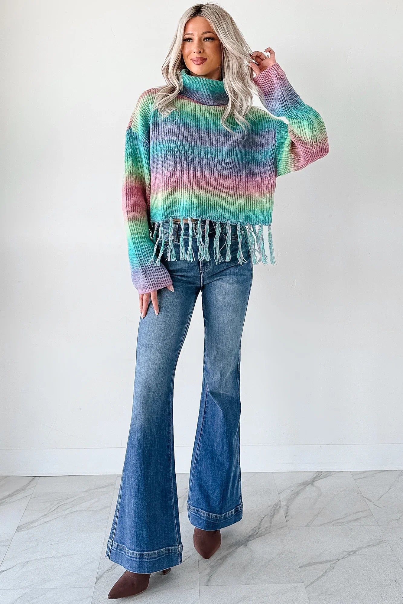 NanaMacs Life In Color Ombre Stripe Tassel Sweater (Sage Rainbow)