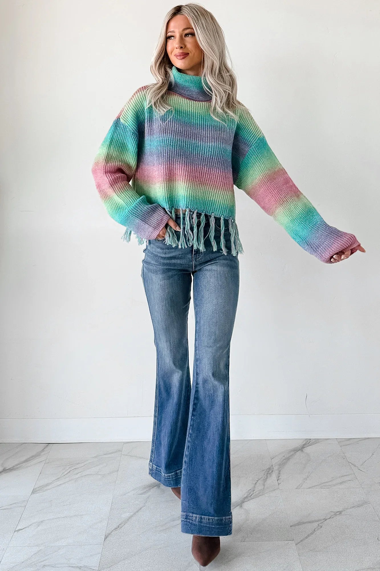 NanaMacs Life In Color Ombre Stripe Tassel Sweater (Sage Rainbow)