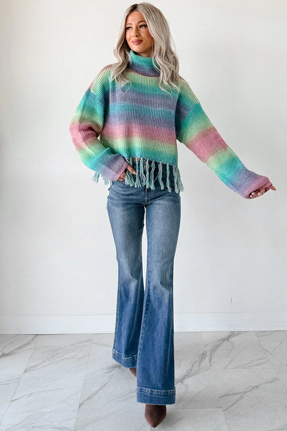 NanaMacs Life In Color Ombre Stripe Tassel Sweater (Sage Rainbow)