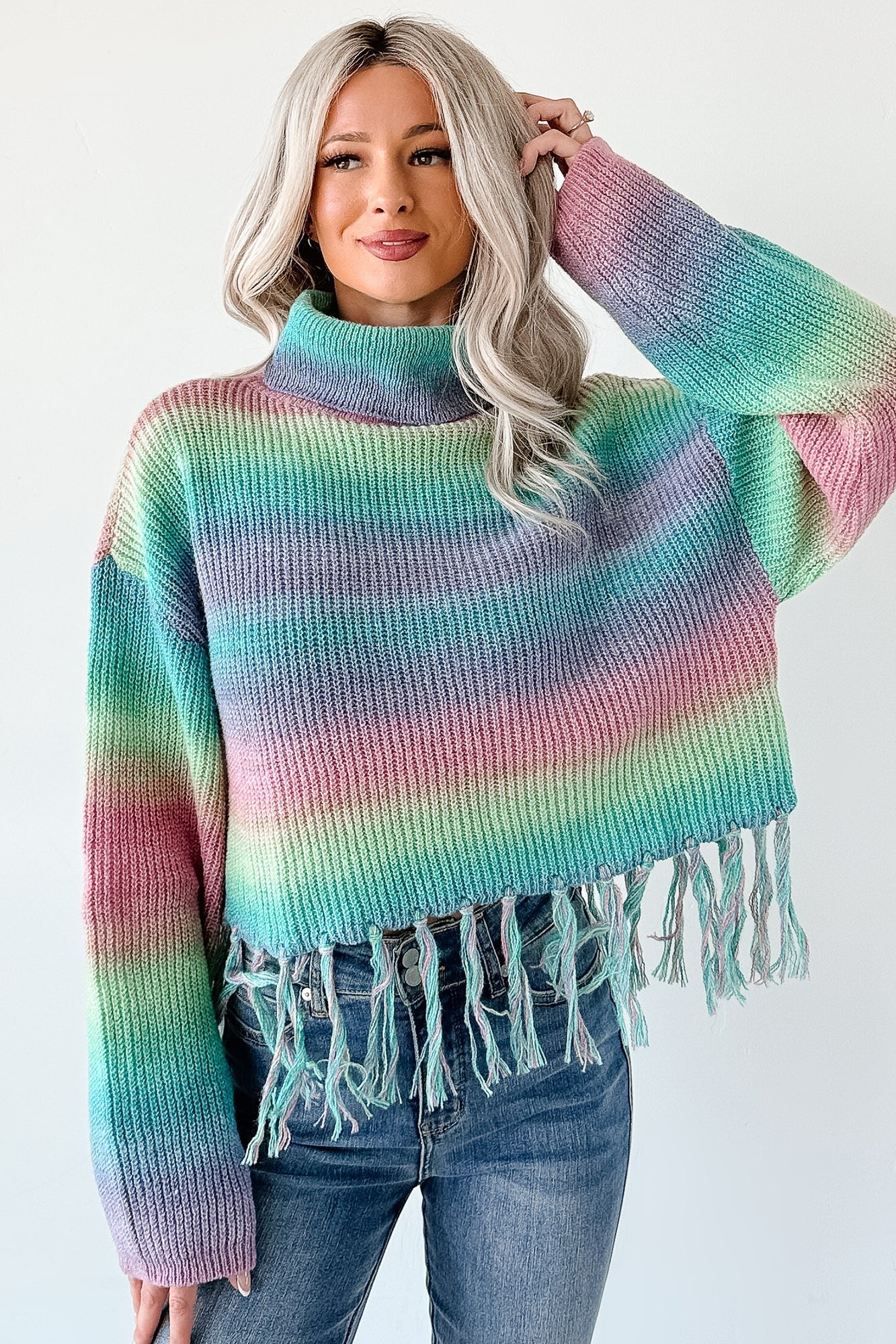 NanaMacs Life In Color Ombre Stripe Tassel Sweater (Sage Rainbow)