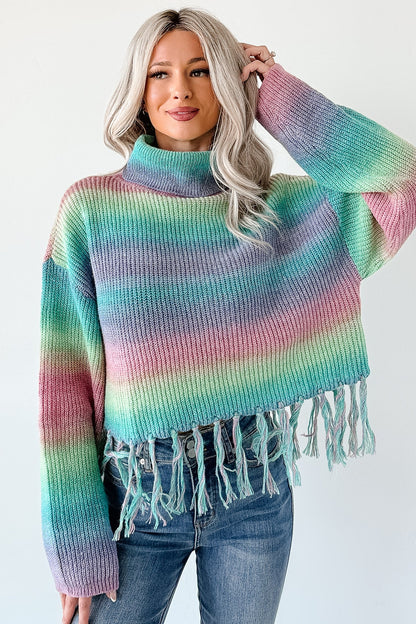 NanaMacs Life In Color Ombre Stripe Tassel Sweater (Sage Rainbow)