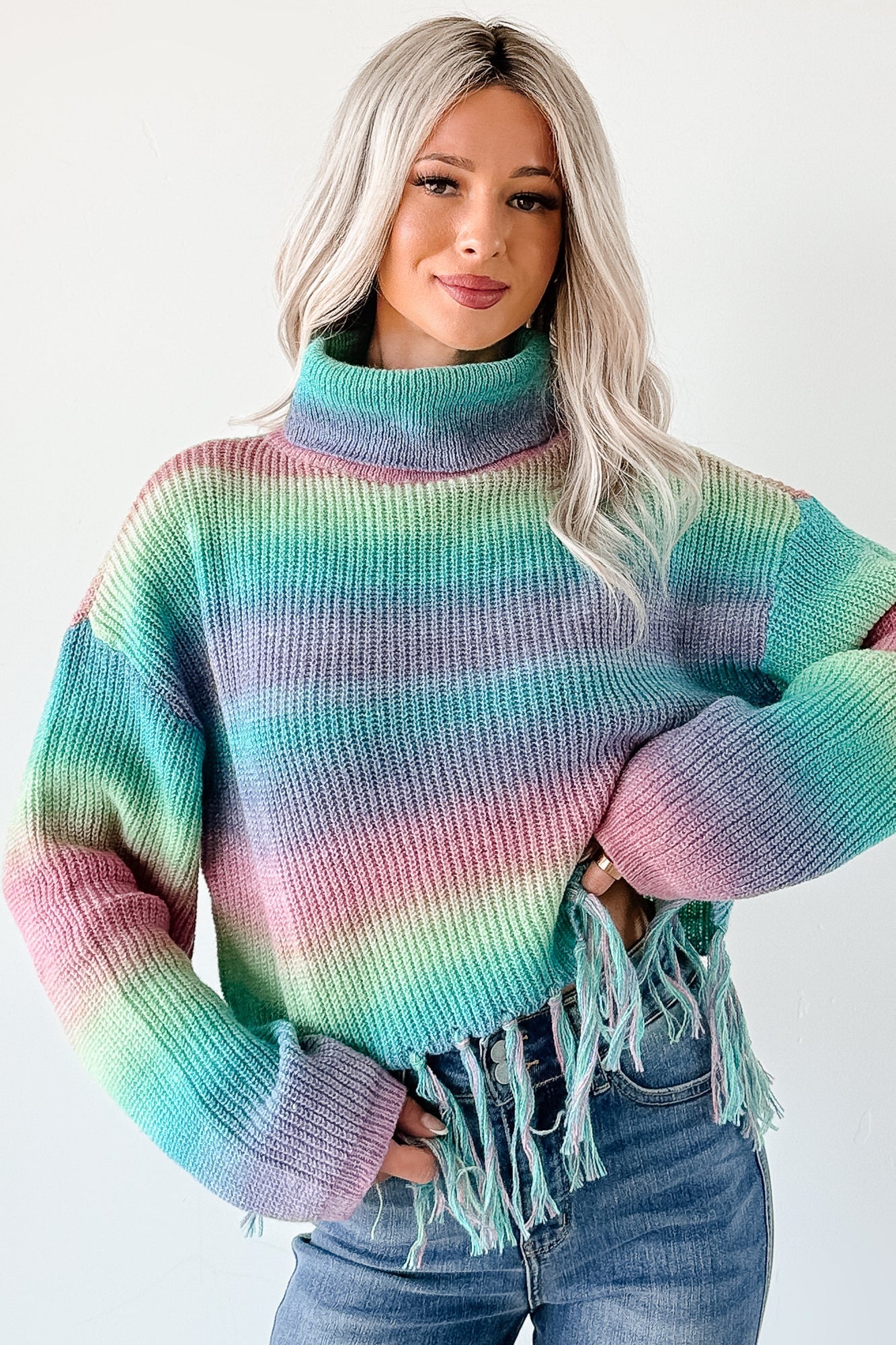 NanaMacs Life In Color Ombre Stripe Tassel Sweater (Sage Rainbow)