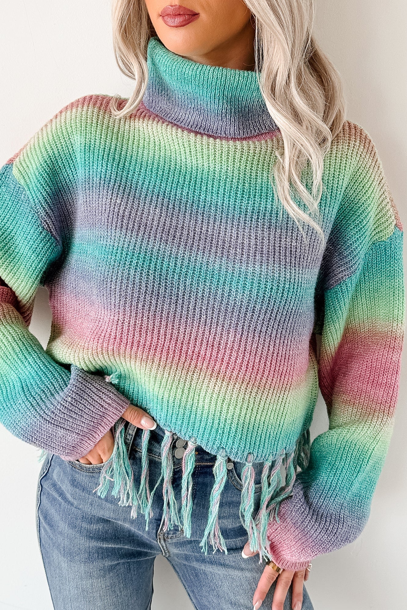 NanaMacs Life In Color Ombre Stripe Tassel Sweater (Sage Rainbow)