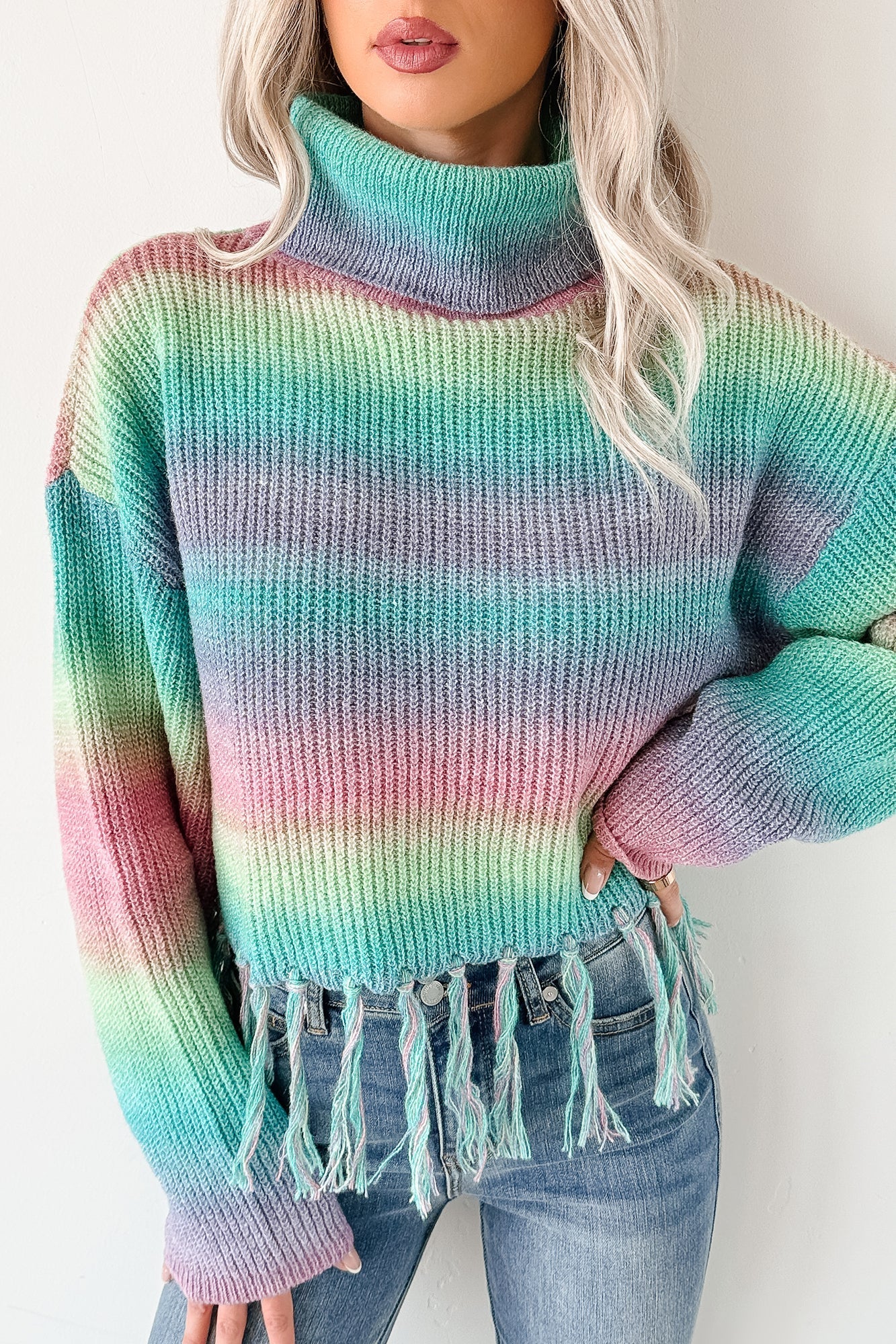 NanaMacs Life In Color Ombre Stripe Tassel Sweater (Sage Rainbow)