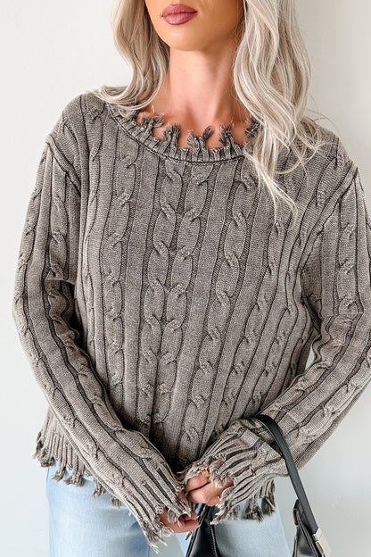 NanaMacs Unwritten Future Cable Knit Fringe Zenana Sweater (Brown)