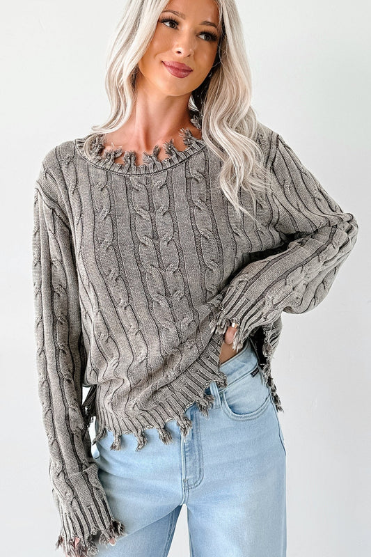 NanaMacs Unwritten Future Cable Knit Fringe Zenana Sweater (Brown)