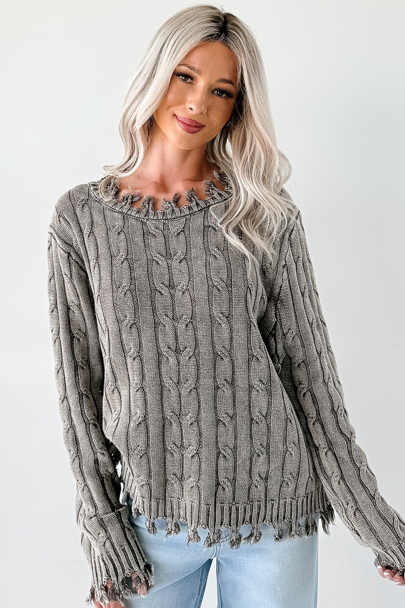 NanaMacs Unwritten Future Cable Knit Fringe Zenana Sweater (Brown)