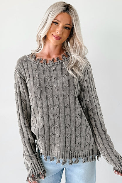 NanaMacs Unwritten Future Cable Knit Fringe Zenana Sweater (Brown)