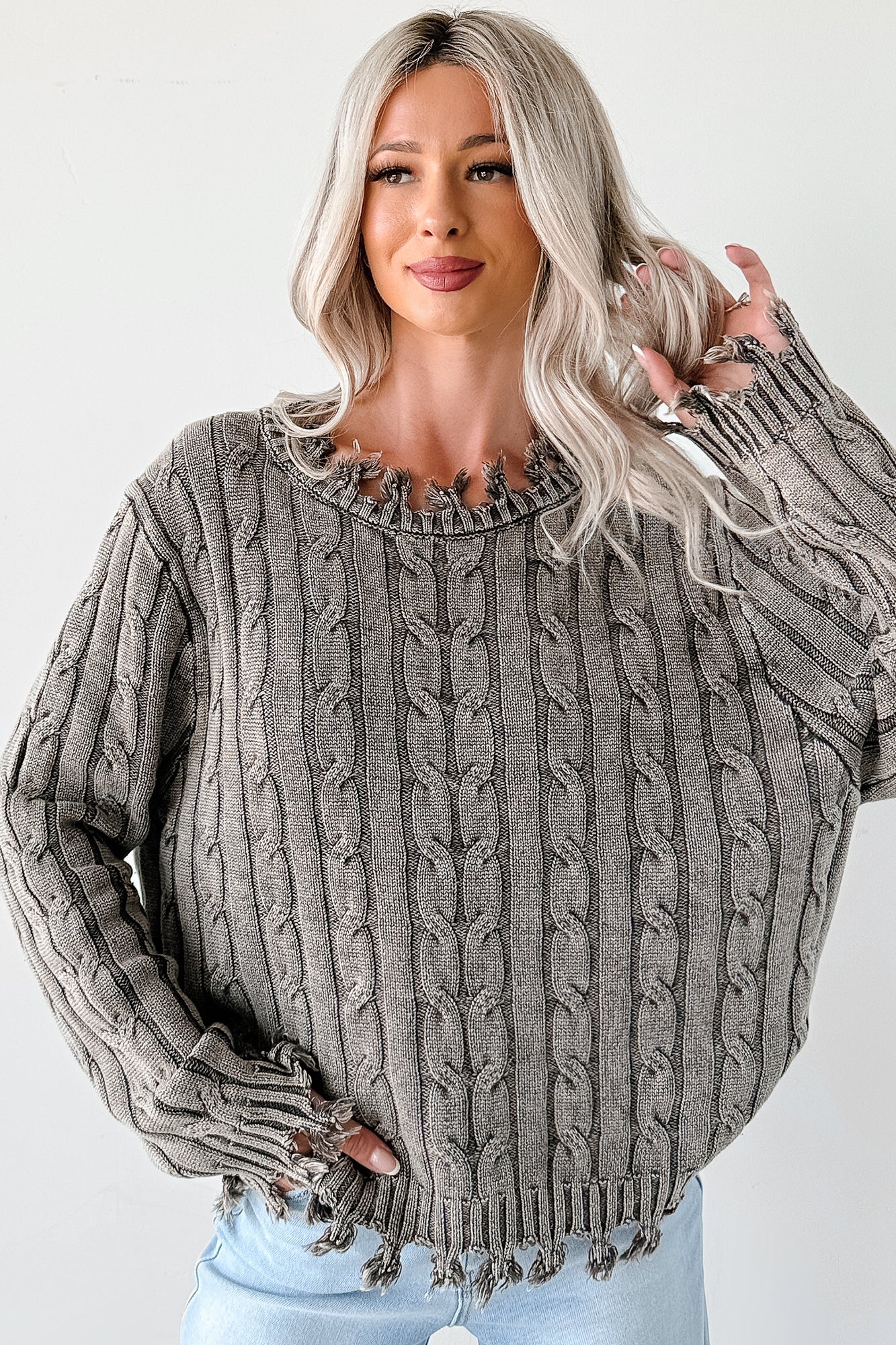 NanaMacs Unwritten Future Cable Knit Fringe Zenana Sweater (Brown)