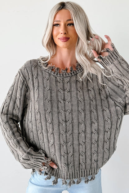 NanaMacs Unwritten Future Cable Knit Fringe Zenana Sweater (Brown)