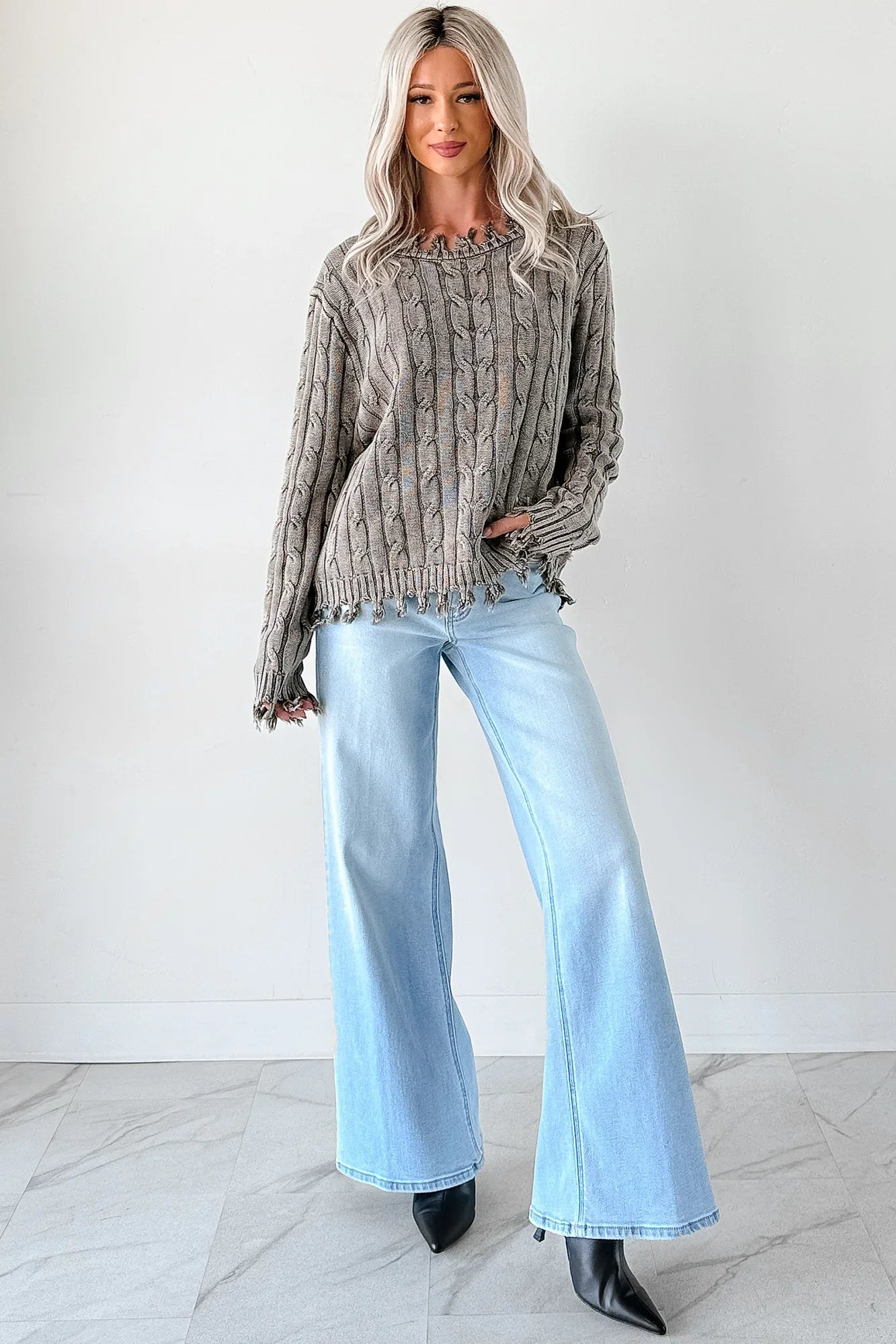 NanaMacs Unwritten Future Cable Knit Fringe Zenana Sweater (Brown)