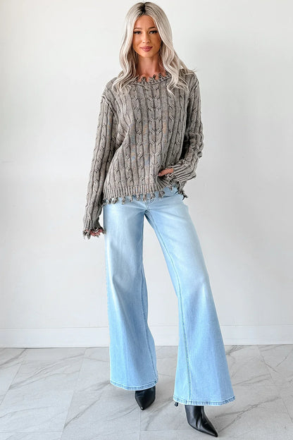 NanaMacs Unwritten Future Cable Knit Fringe Zenana Sweater (Brown)