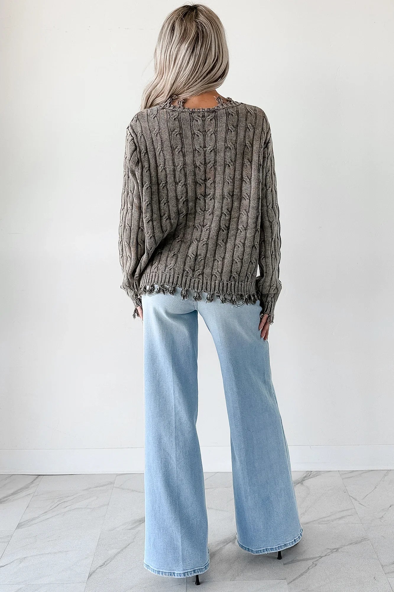 NanaMacs Unwritten Future Cable Knit Fringe Zenana Sweater (Brown)