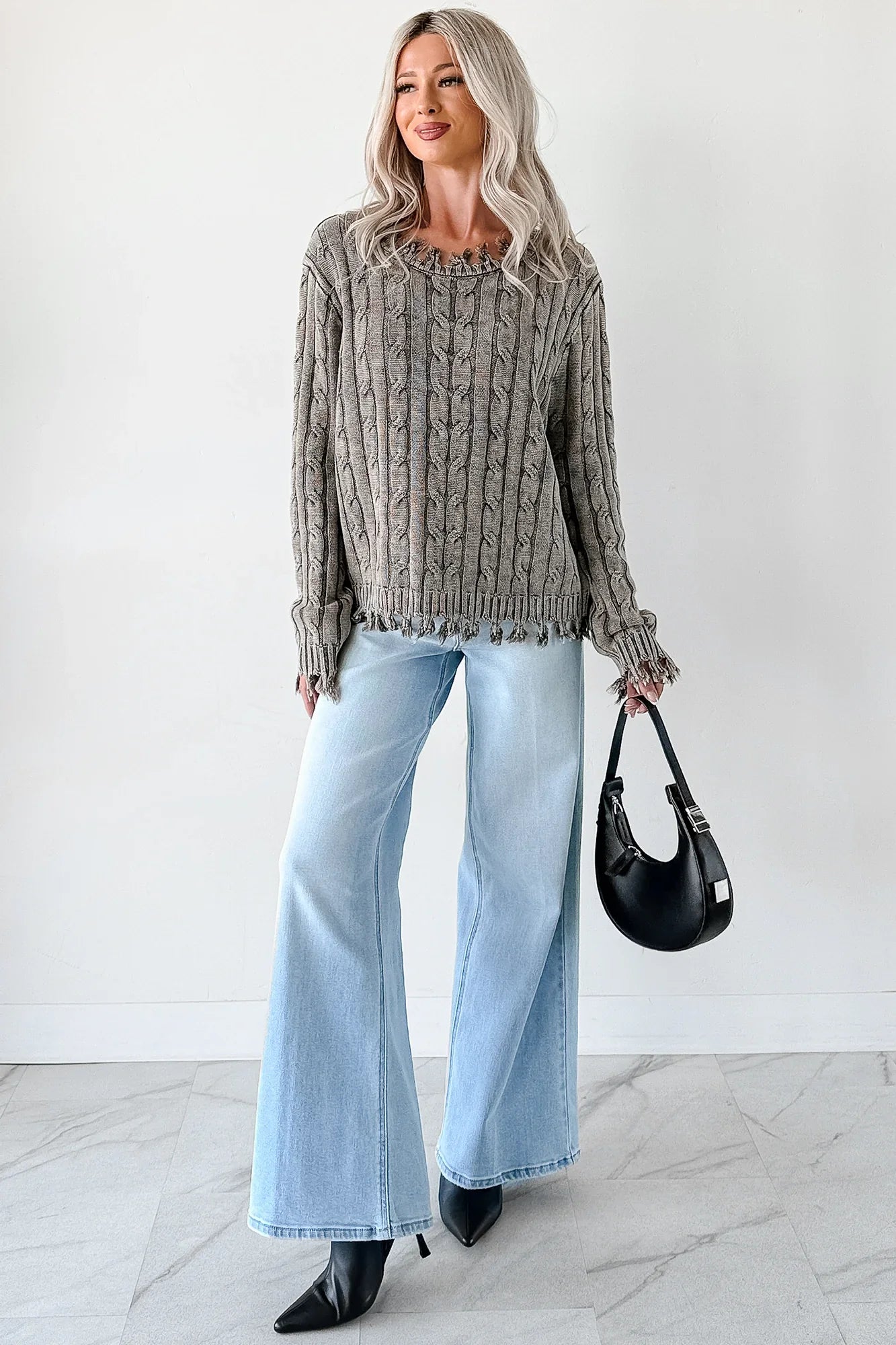 NanaMacs Unwritten Future Cable Knit Fringe Zenana Sweater (Brown)