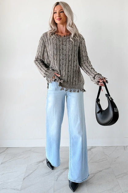 NanaMacs Unwritten Future Cable Knit Fringe Zenana Sweater (Brown)