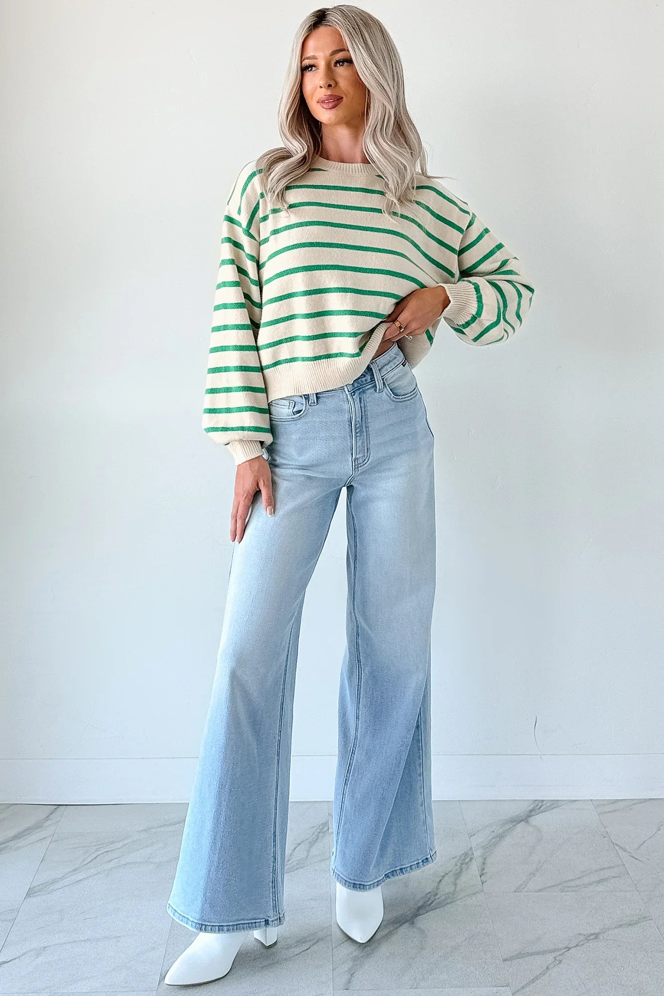 NanaMacs Morning Rituals Striped Button Detail Sweater (Green)