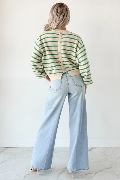 NanaMacs Morning Rituals Striped Button Detail Sweater (Green)