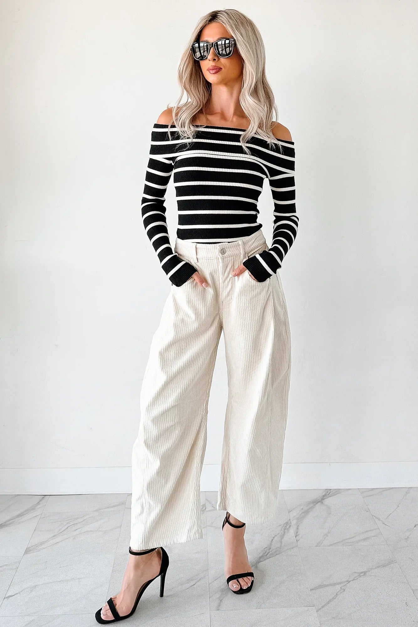 NanaMacs First Crush Off The Shoulder Ribbed Stripe Top (Black/Cream)