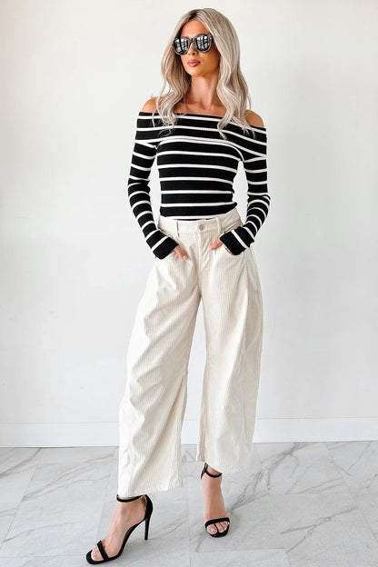 NanaMacs First Crush Off The Shoulder Ribbed Stripe Top (Black/Cream)
