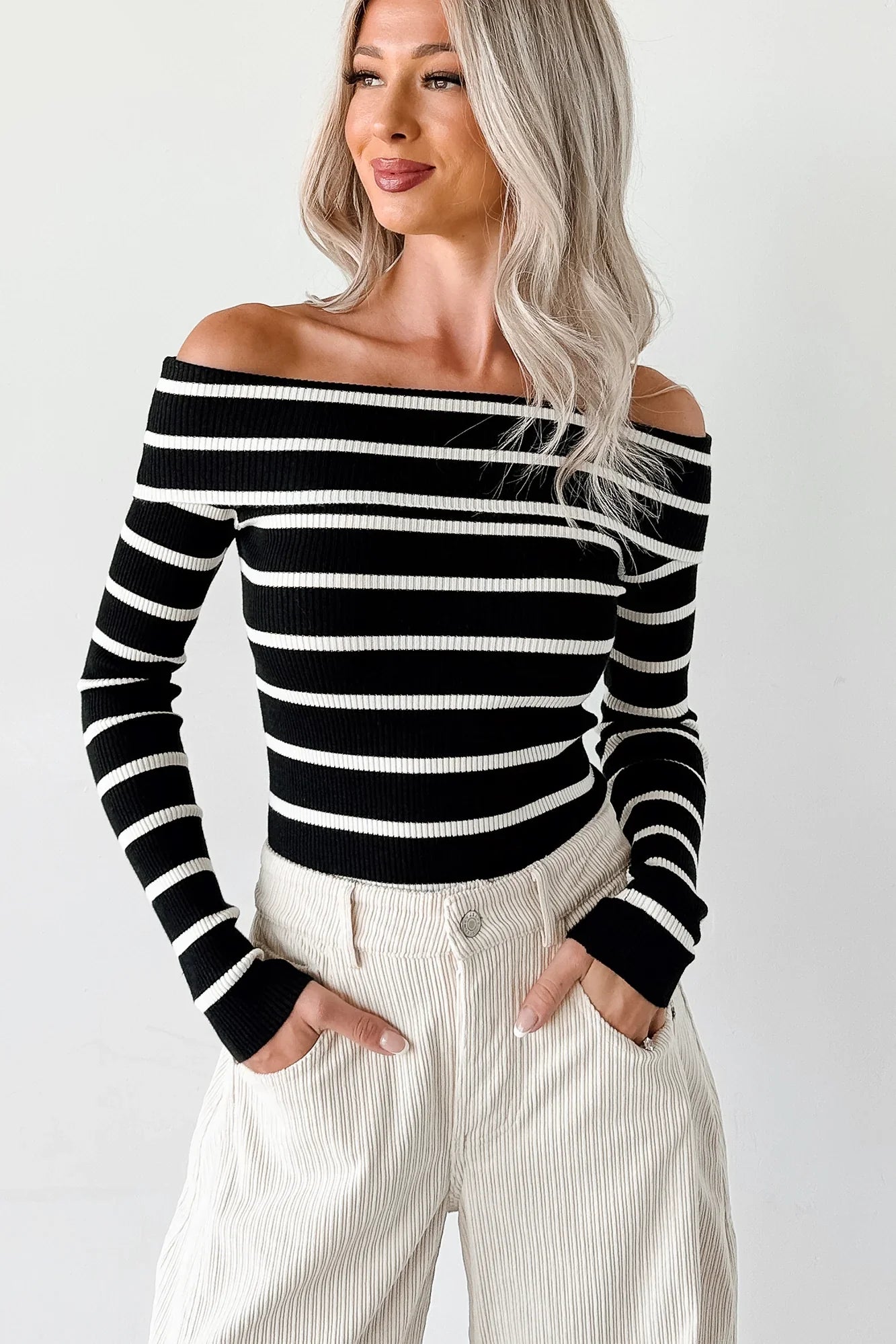 NanaMacs First Crush Off The Shoulder Ribbed Stripe Top (Black/Cream)