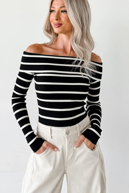 NanaMacs First Crush Off The Shoulder Ribbed Stripe Top (Black/Cream)
