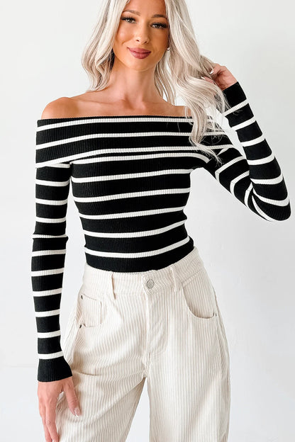 NanaMacs First Crush Off The Shoulder Ribbed Stripe Top (Black/Cream)