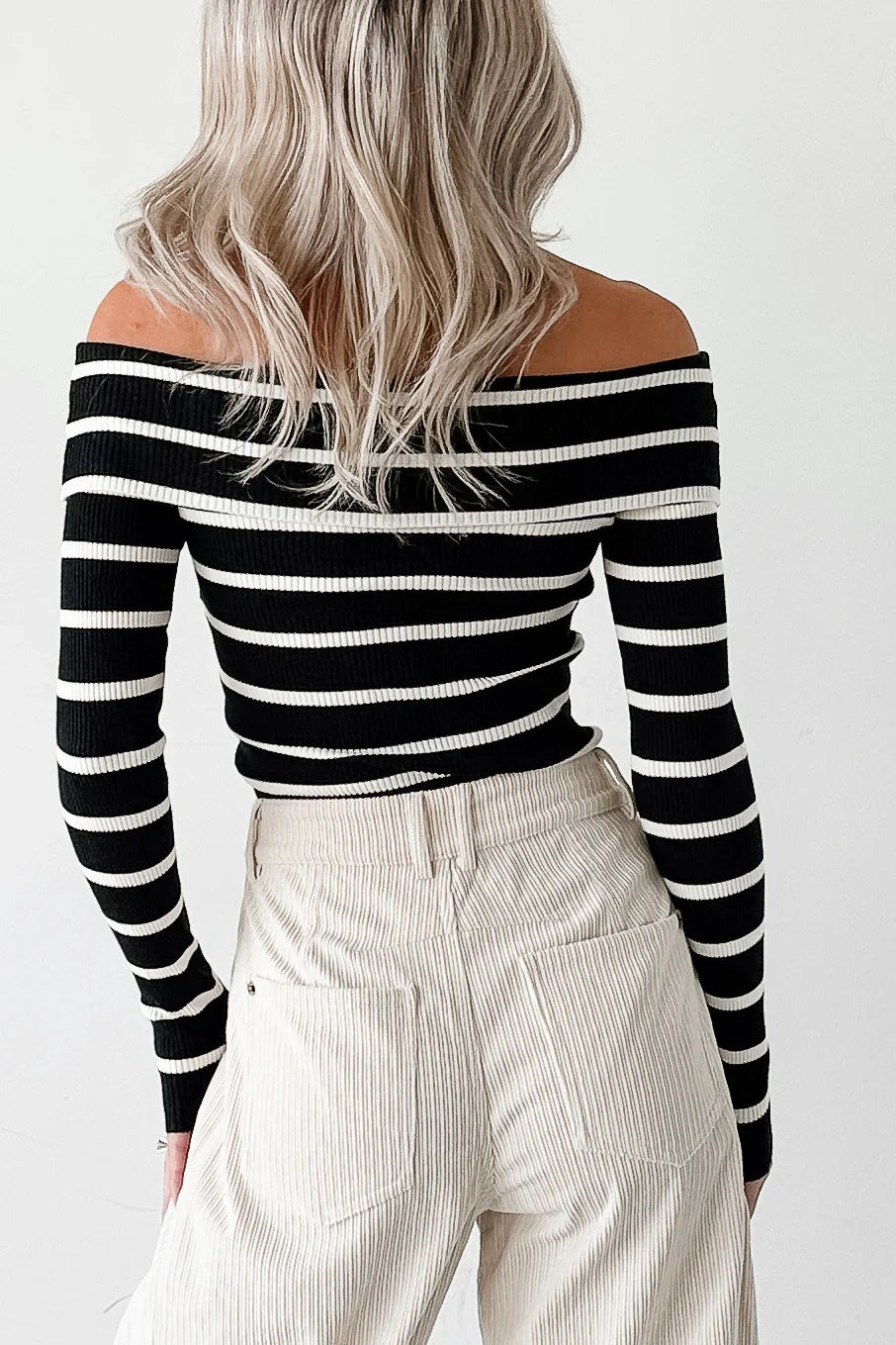 NanaMacs First Crush Off The Shoulder Ribbed Stripe Top (Black/Cream)