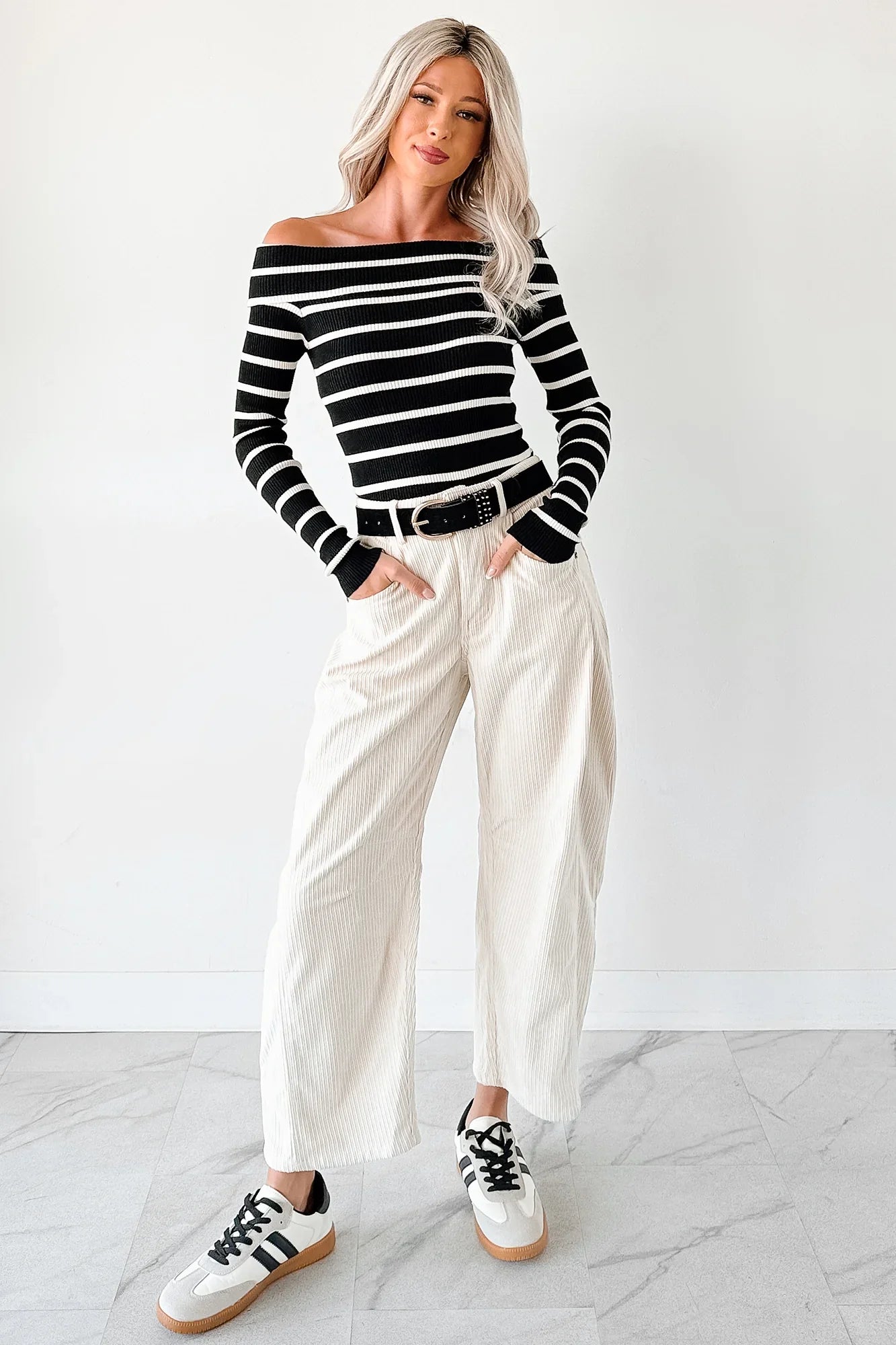 NanaMacs First Crush Off The Shoulder Ribbed Stripe Top (Black/Cream)