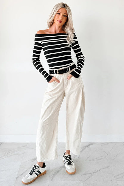 NanaMacs First Crush Off The Shoulder Ribbed Stripe Top (Black/Cream)
