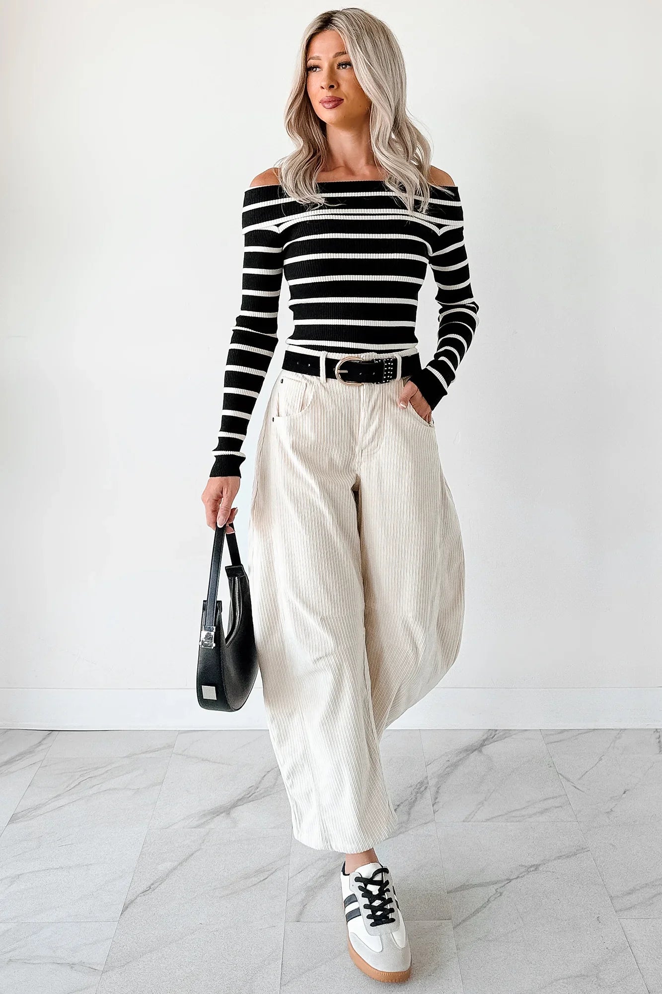 NanaMacs First Crush Off The Shoulder Ribbed Stripe Top (Black/Cream)