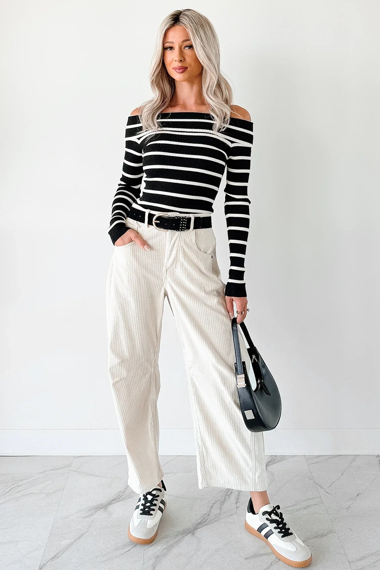 NanaMacs First Crush Off The Shoulder Ribbed Stripe Top (Black/Cream)
