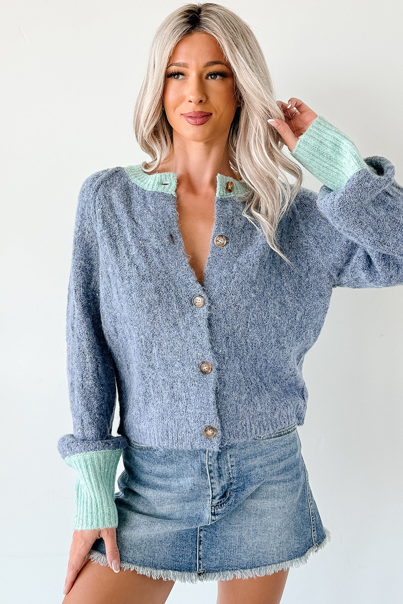 NanaMacs Daydream Zen Knit Contrast Glittery Cardigan (Blue)
