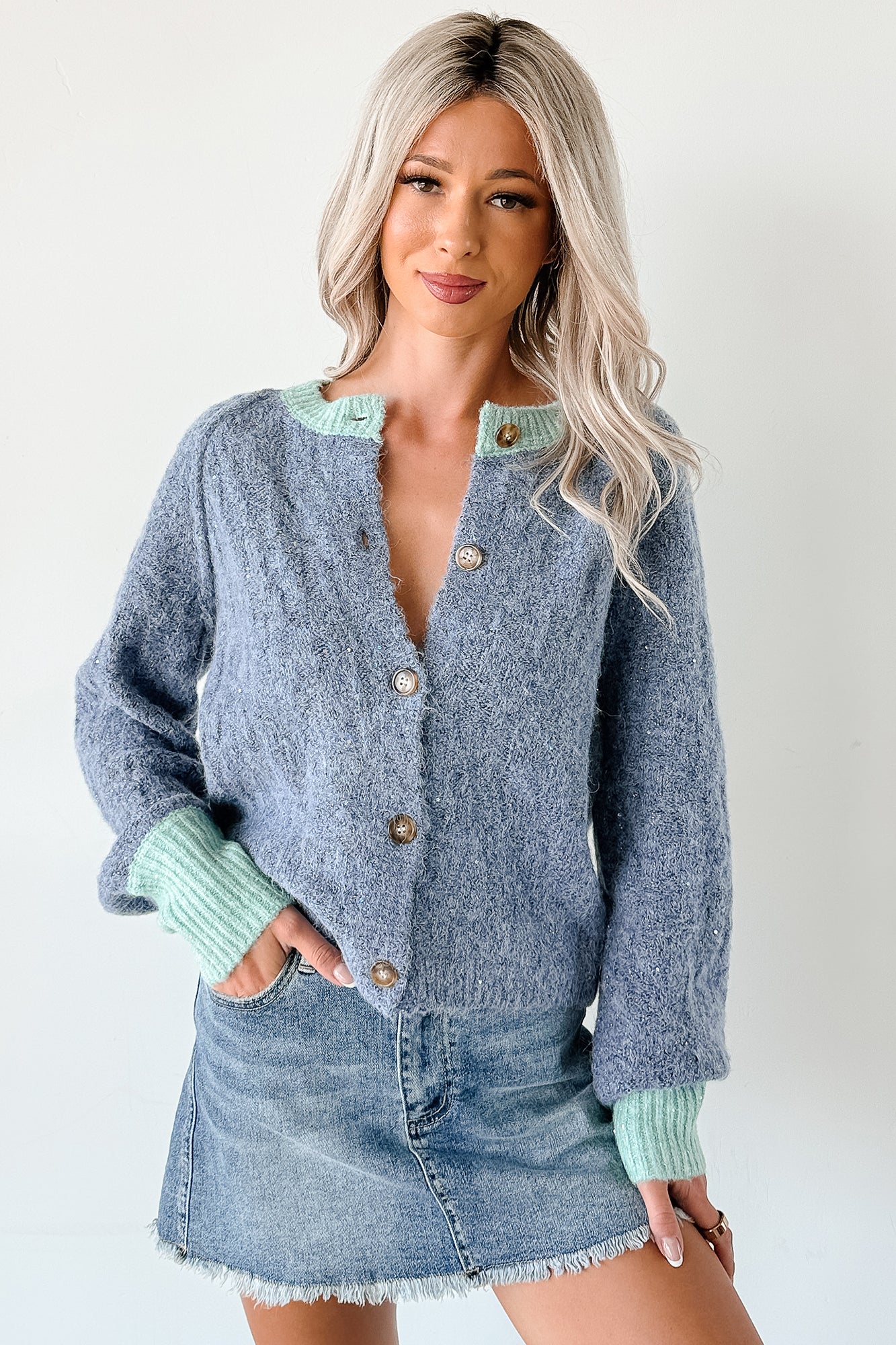 NanaMacs Daydream Zen Knit Contrast Glittery Cardigan (Blue)