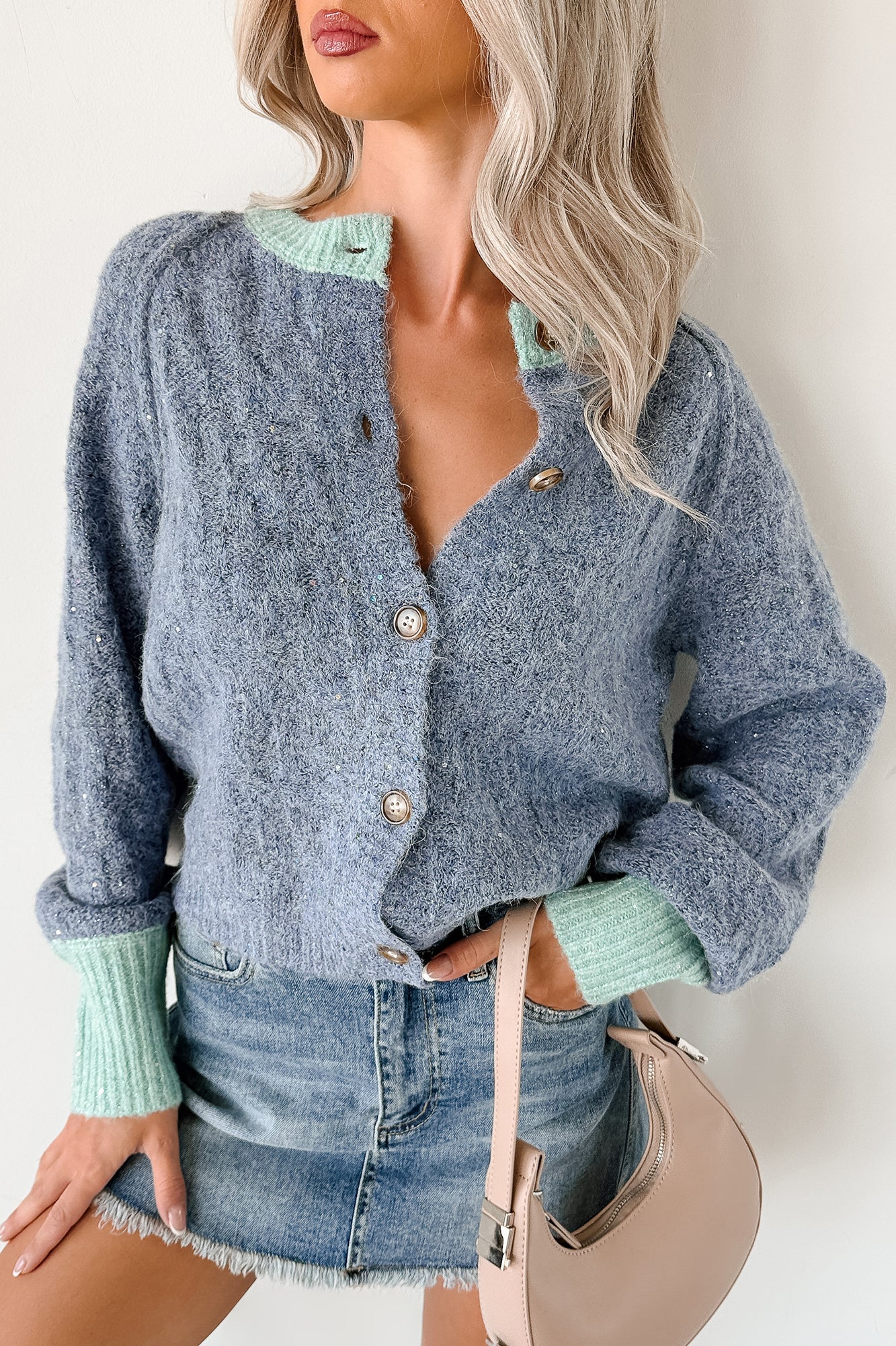 NanaMacs Daydream Zen Knit Contrast Glittery Cardigan (Blue)
