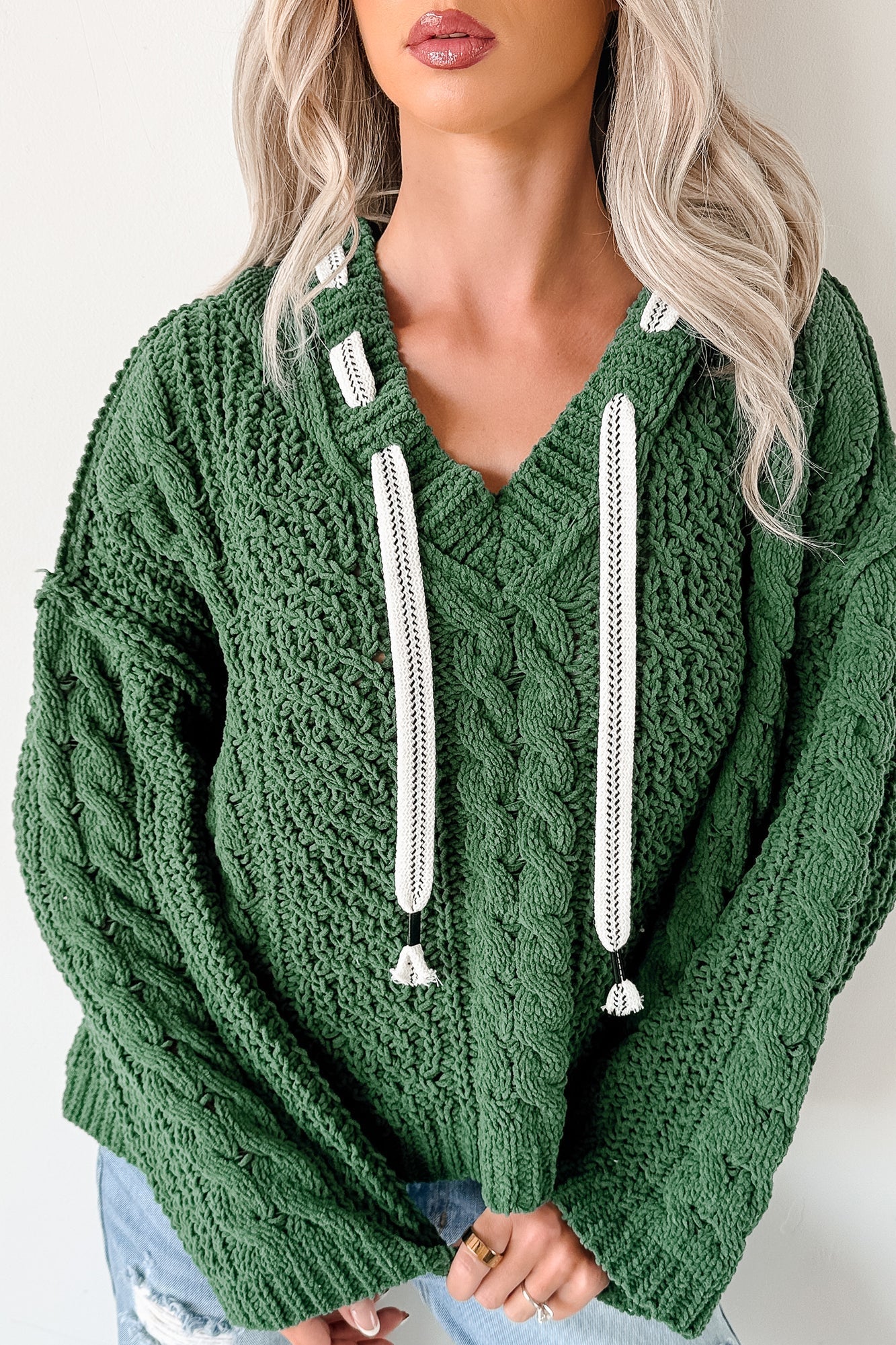 NanaMacs Total Ease Zenana Cable Knit Sweater Hoodie (Dark Green)