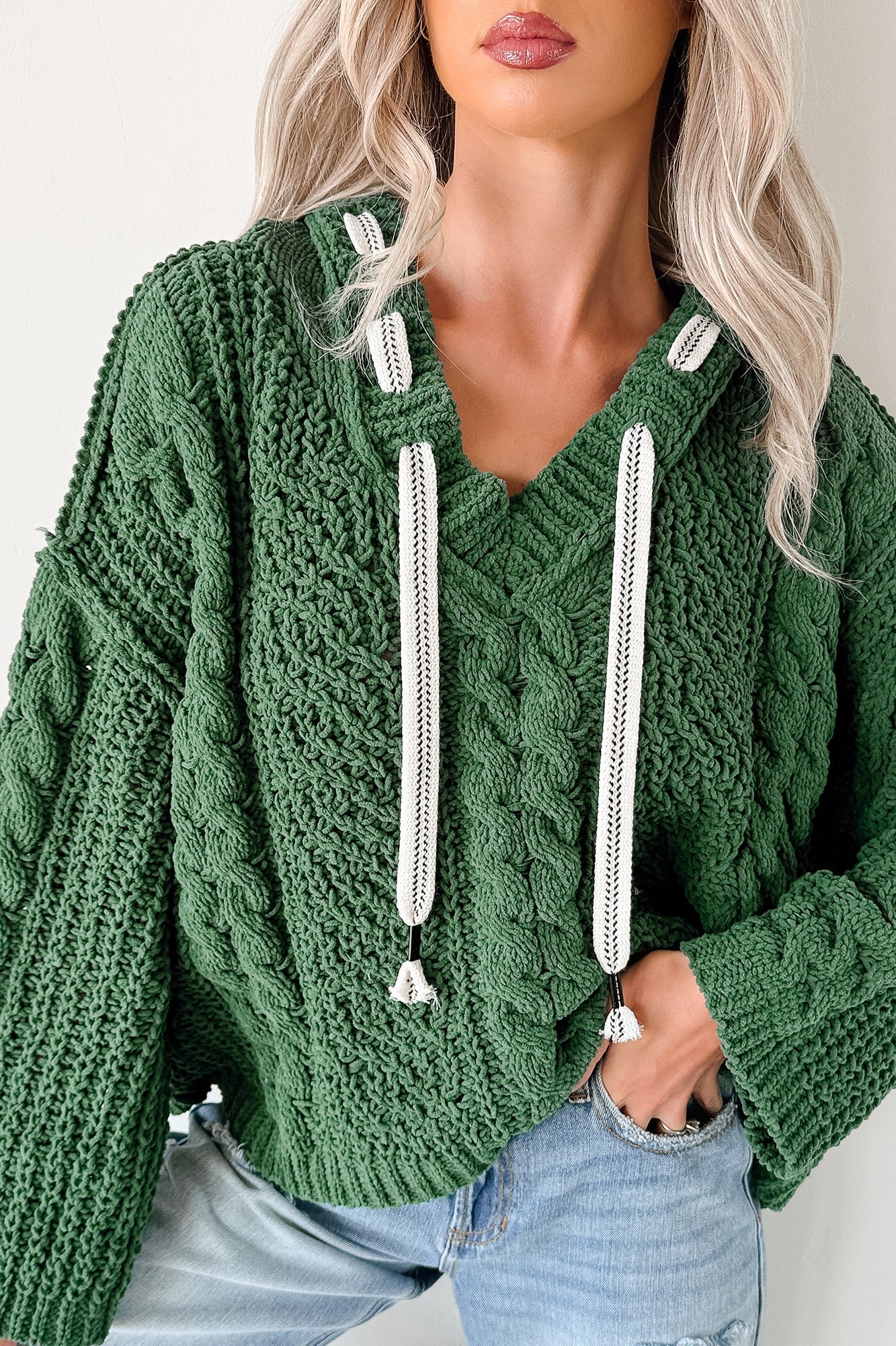 NanaMacs Total Ease Zenana Cable Knit Sweater Hoodie (Dark Green)