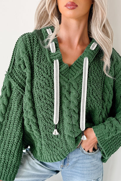 NanaMacs Total Ease Zenana Cable Knit Sweater Hoodie (Dark Green)