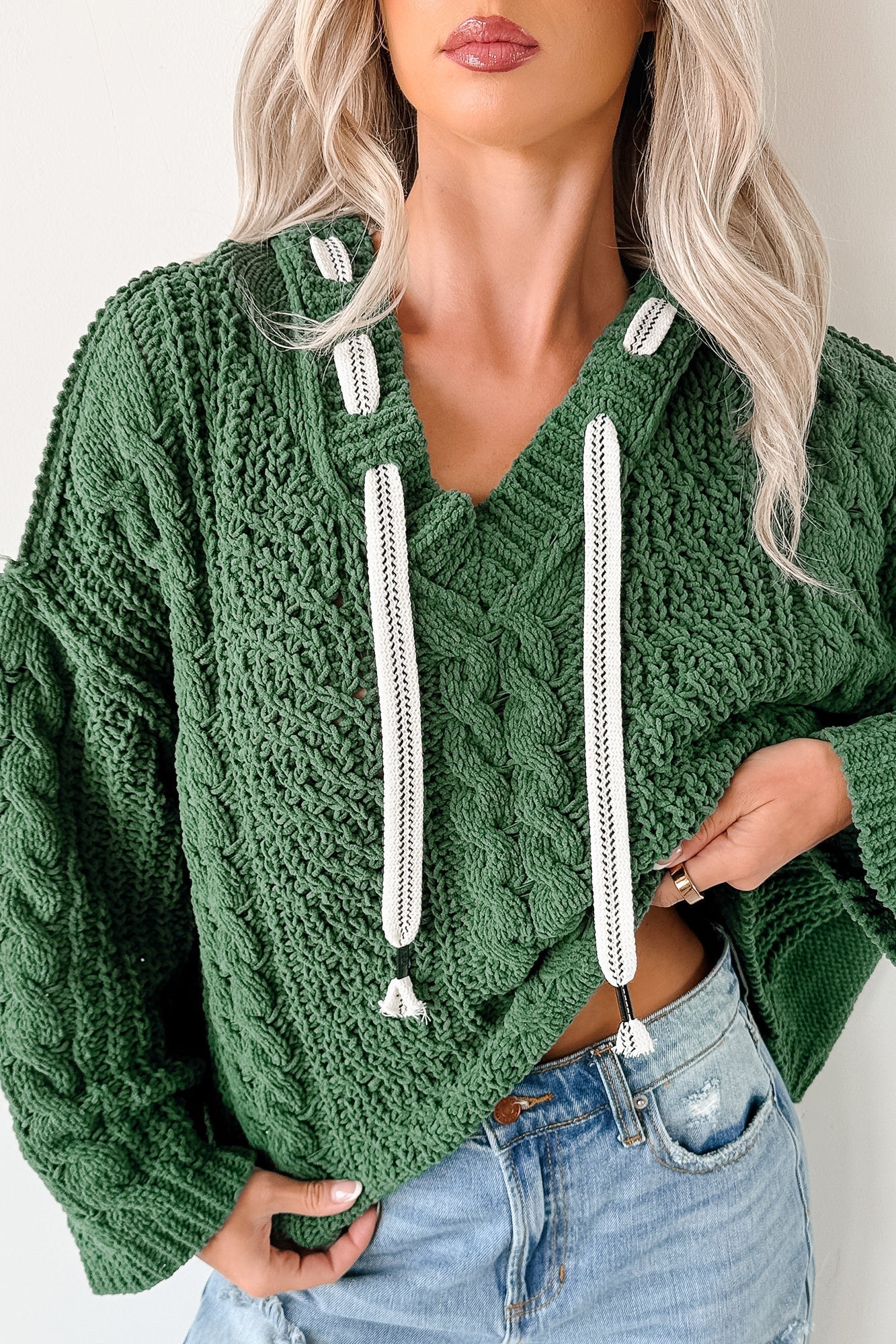 NanaMacs Total Ease Zenana Cable Knit Sweater Hoodie (Dark Green)