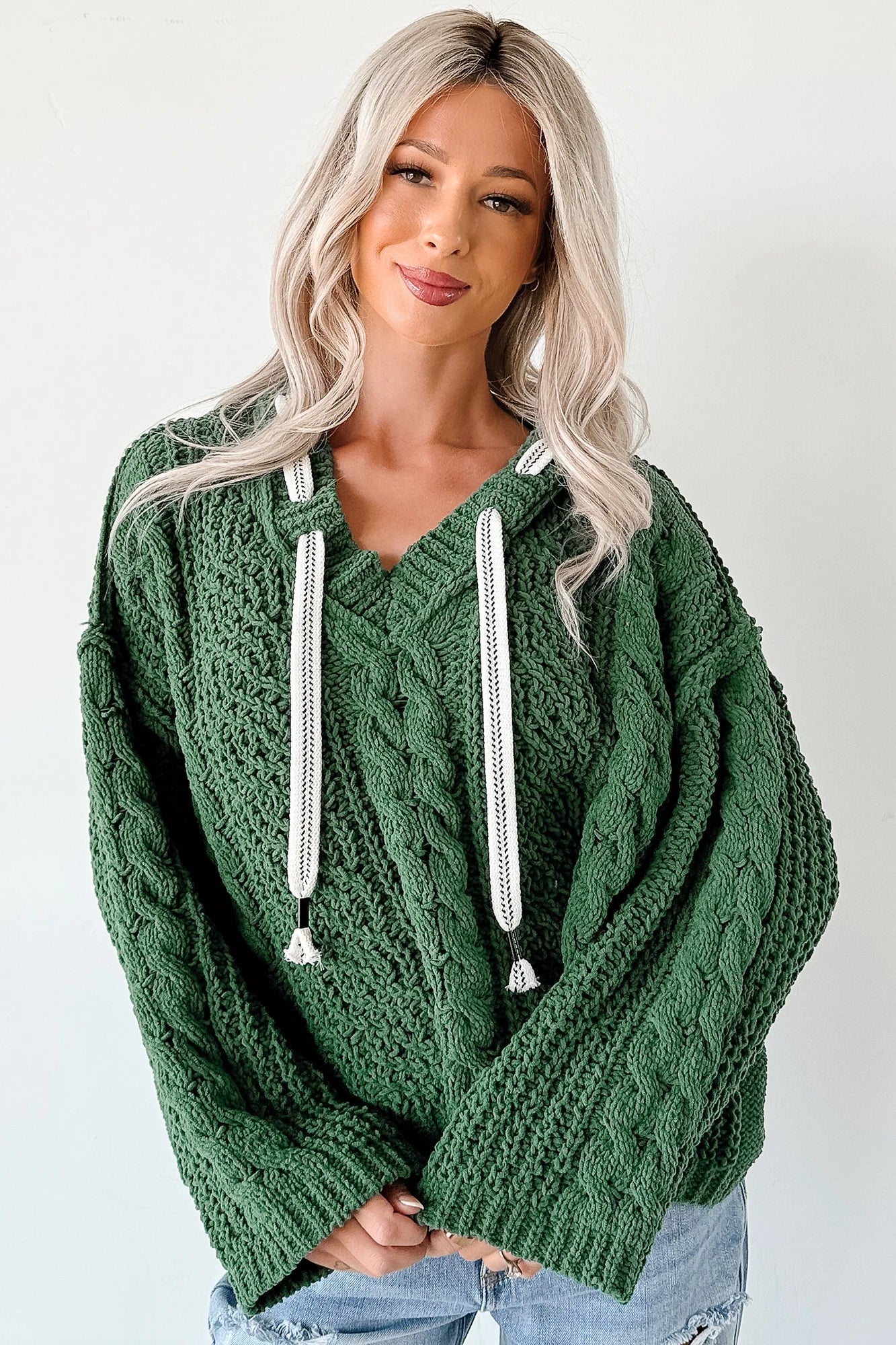 NanaMacs Total Ease Zenana Cable Knit Sweater Hoodie (Dark Green)