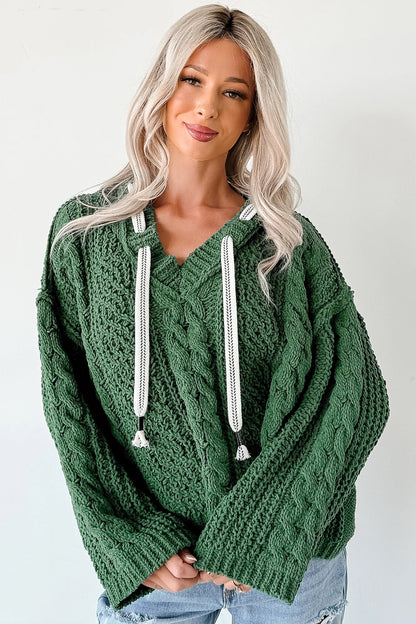 NanaMacs Total Ease Zenana Cable Knit Sweater Hoodie (Dark Green)