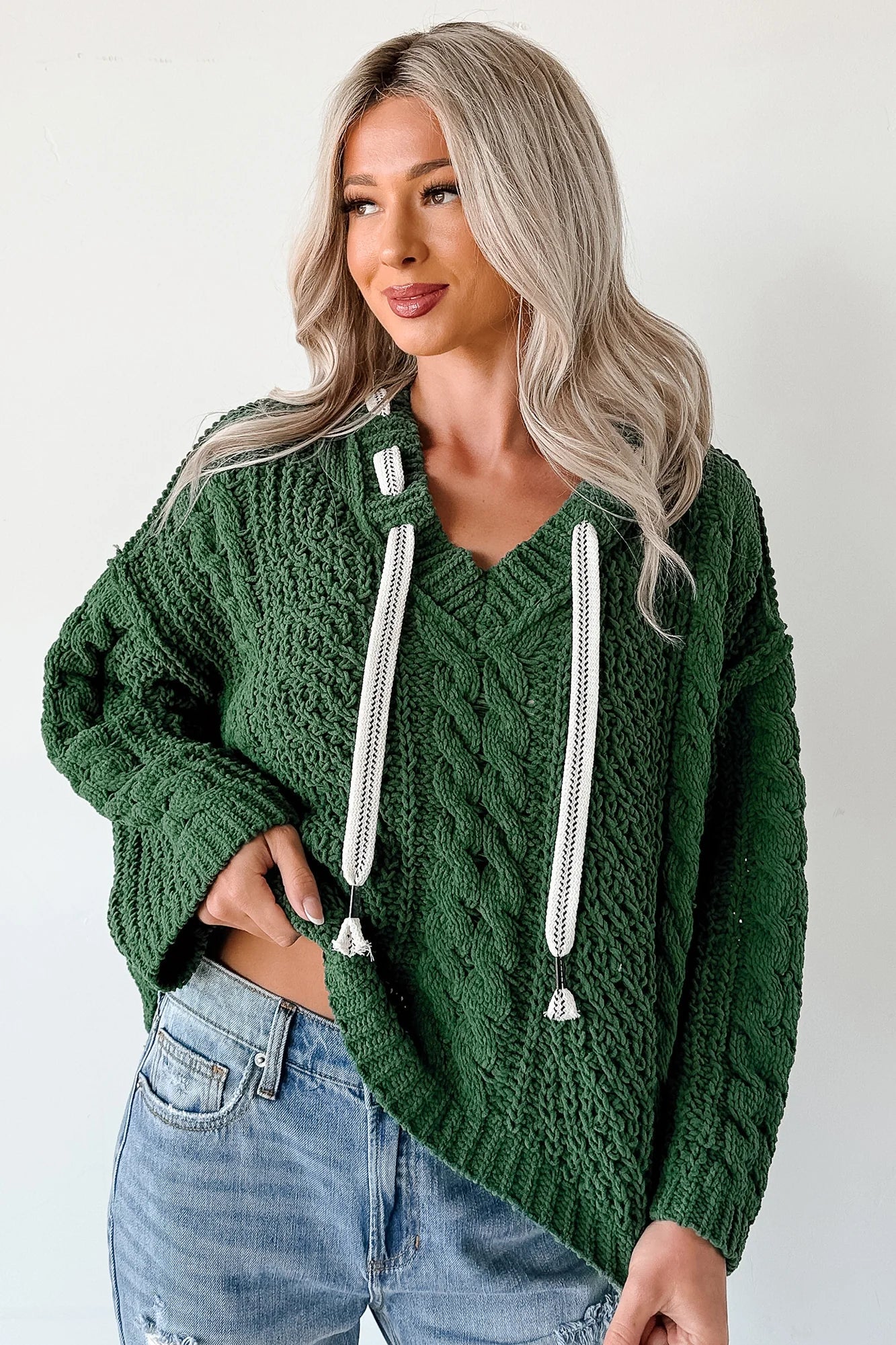 NanaMacs Total Ease Zenana Cable Knit Sweater Hoodie (Dark Green)